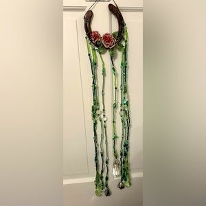 NWT artisan Signed Floral Greens Horseshoe Crystal Suncatcher Handmade OOAK